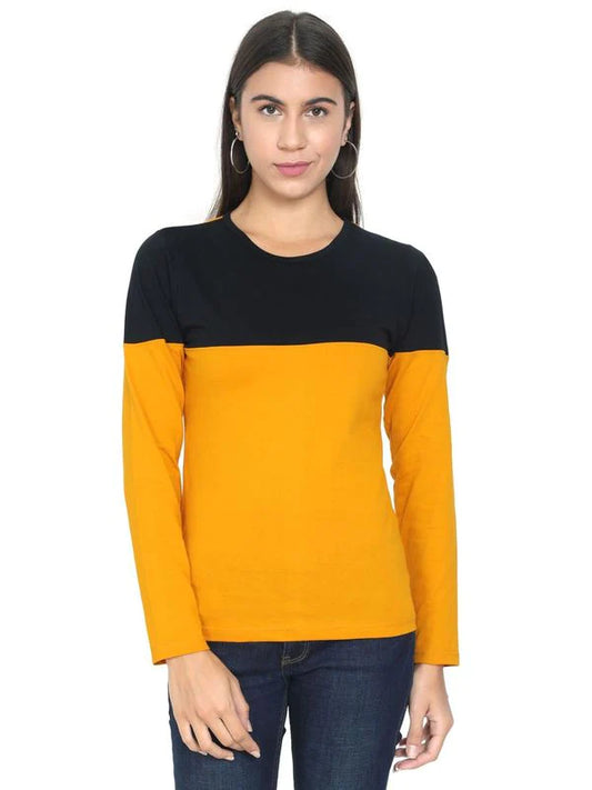 Women's Cotton Round Neck Color Block Full Sleeve T-Shirt