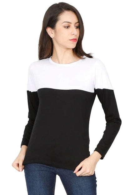 Women's Cotton Round Neck Color Block Full Sleeve T-Shirt