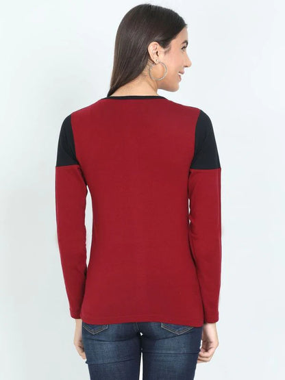 Women's Cotton Round Neck Color Block Full Sleeve T-Shirt