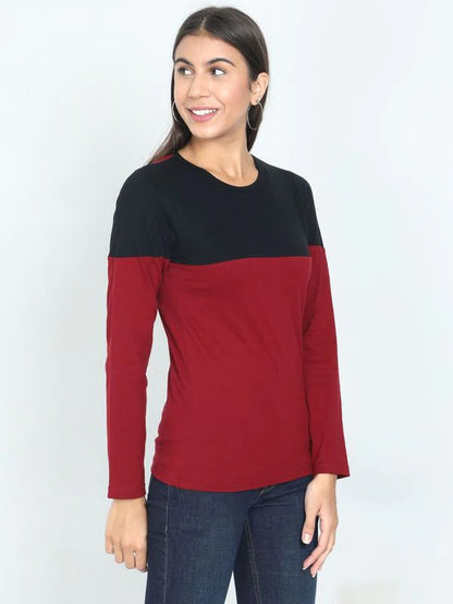 Women's Cotton Round Neck Color Block Full Sleeve T-Shirt
