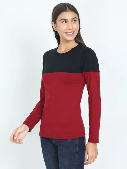 Women's Cotton Round Neck Color Block Full Sleeve T-Shirt