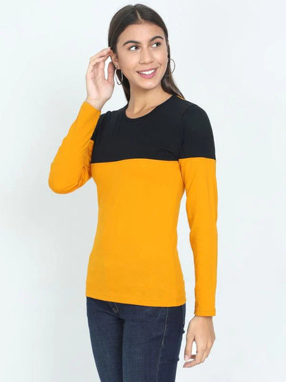 Women's Cotton Round Neck Color Block Full Sleeve T-Shirt