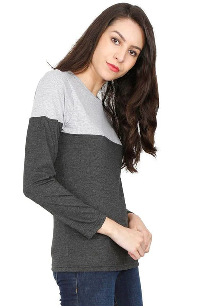 Women's Cotton Round Neck Color Block Full Sleeve T-Shirt