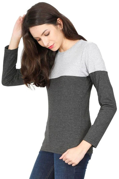 Women's Cotton Round Neck Color Block Full Sleeve T-Shirt