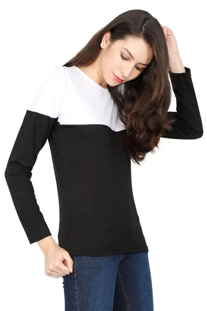 Women's Cotton Round Neck Color Block Full Sleeve T-Shirt