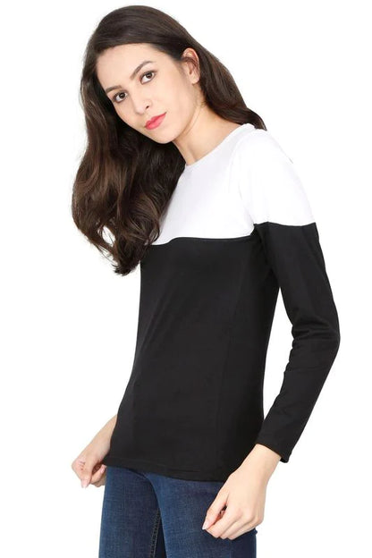 Women's Cotton Round Neck Color Block Full Sleeve T-Shirt
