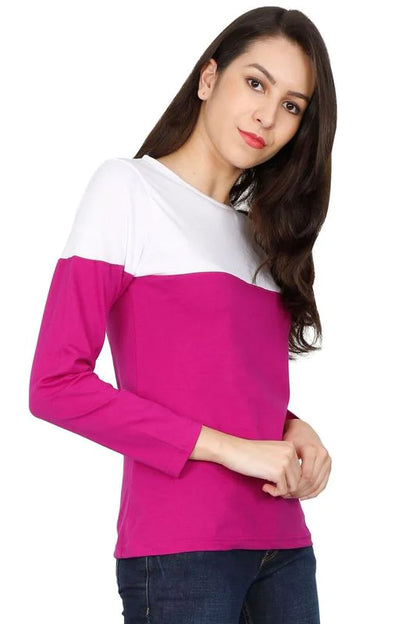 Women's Cotton Round Neck Color Block Full Sleeve T-Shirt