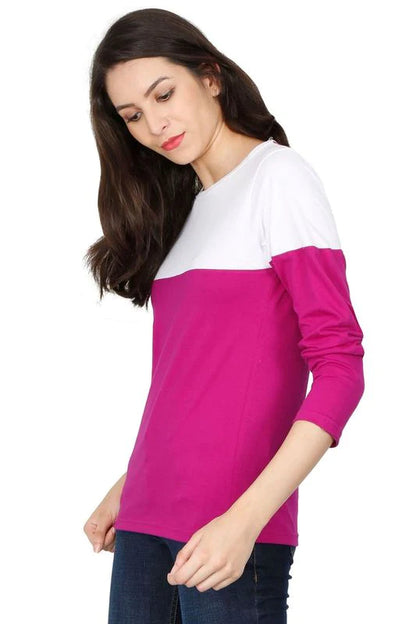 Women's Cotton Round Neck Color Block Full Sleeve T-Shirt