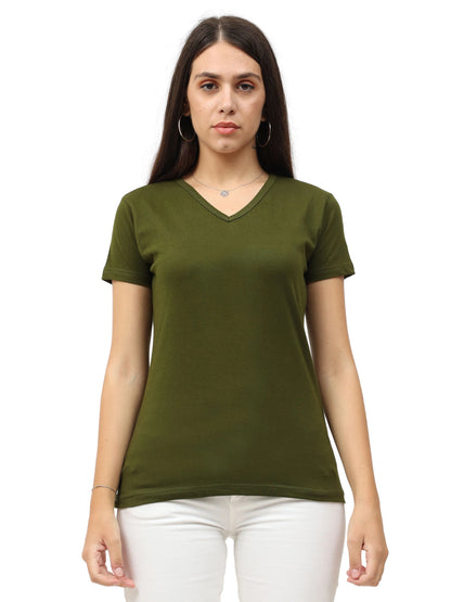 Fleximaa Women's Cotton Plain V Neck Half Sleeve T-Shirt - fleximaa-so