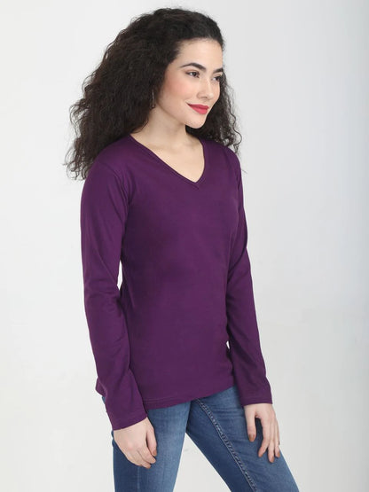 Fleximaa Women's Cotton Plain V Neck Full Sleeve T-Shirt-2 - fleximaa-so