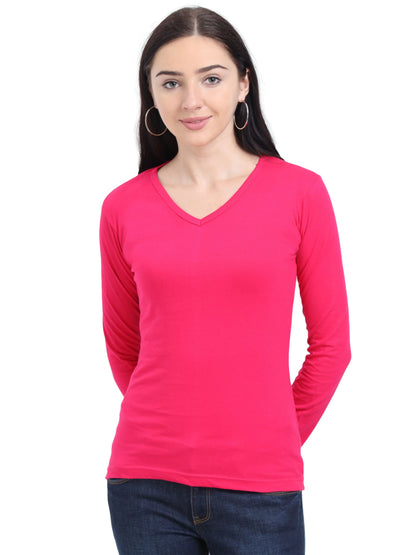 Fleximaa Women's Cotton Plain V Neck Full Sleeve T-Shirt-2 - fleximaa-so