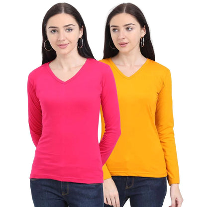Fleximaa Women's Cotton Plain V Neck Full Sleeve T-Shirt (Pack of 2) - Fleximaa