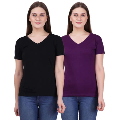 Fleximaa Women's Cotton Plain V Neck Half Sleeve T-Shirt (Pack of 2) - Fleximaa
