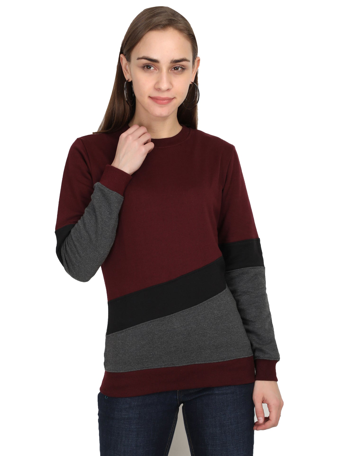 Women's Cotton Color Block Maroonblackcharcoal Color Full Sleeve Sweatshirt