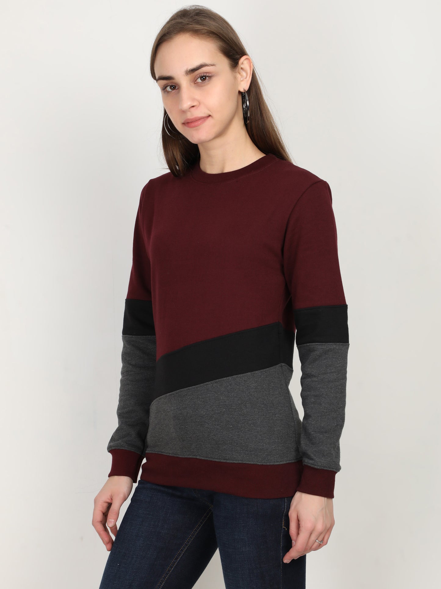 Women's Cotton Color Block Maroonblackcharcoal Color Full Sleeve Sweatshirt