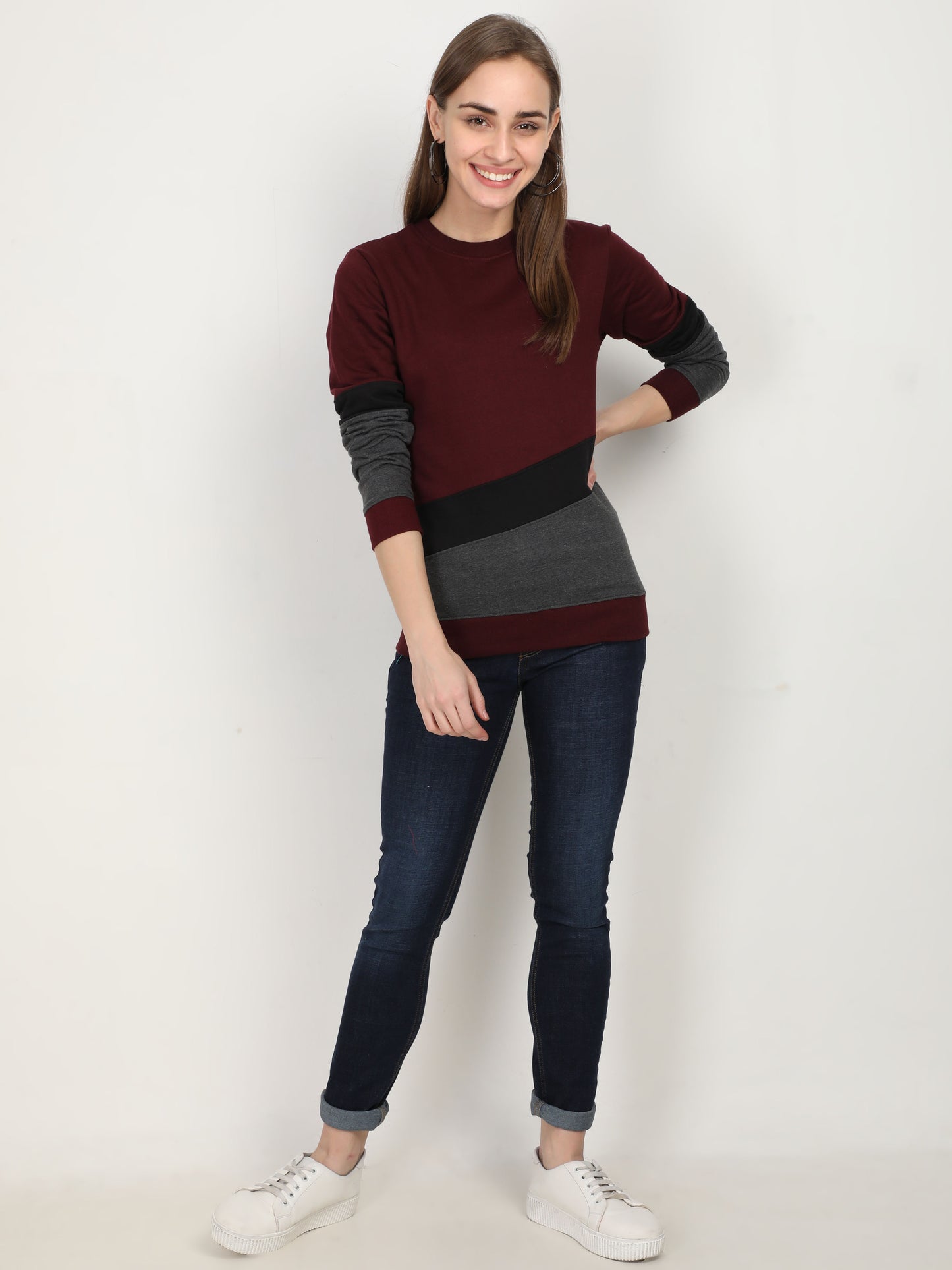 Women's Cotton Color Block Maroonblackcharcoal Color Full Sleeve Sweatshirt