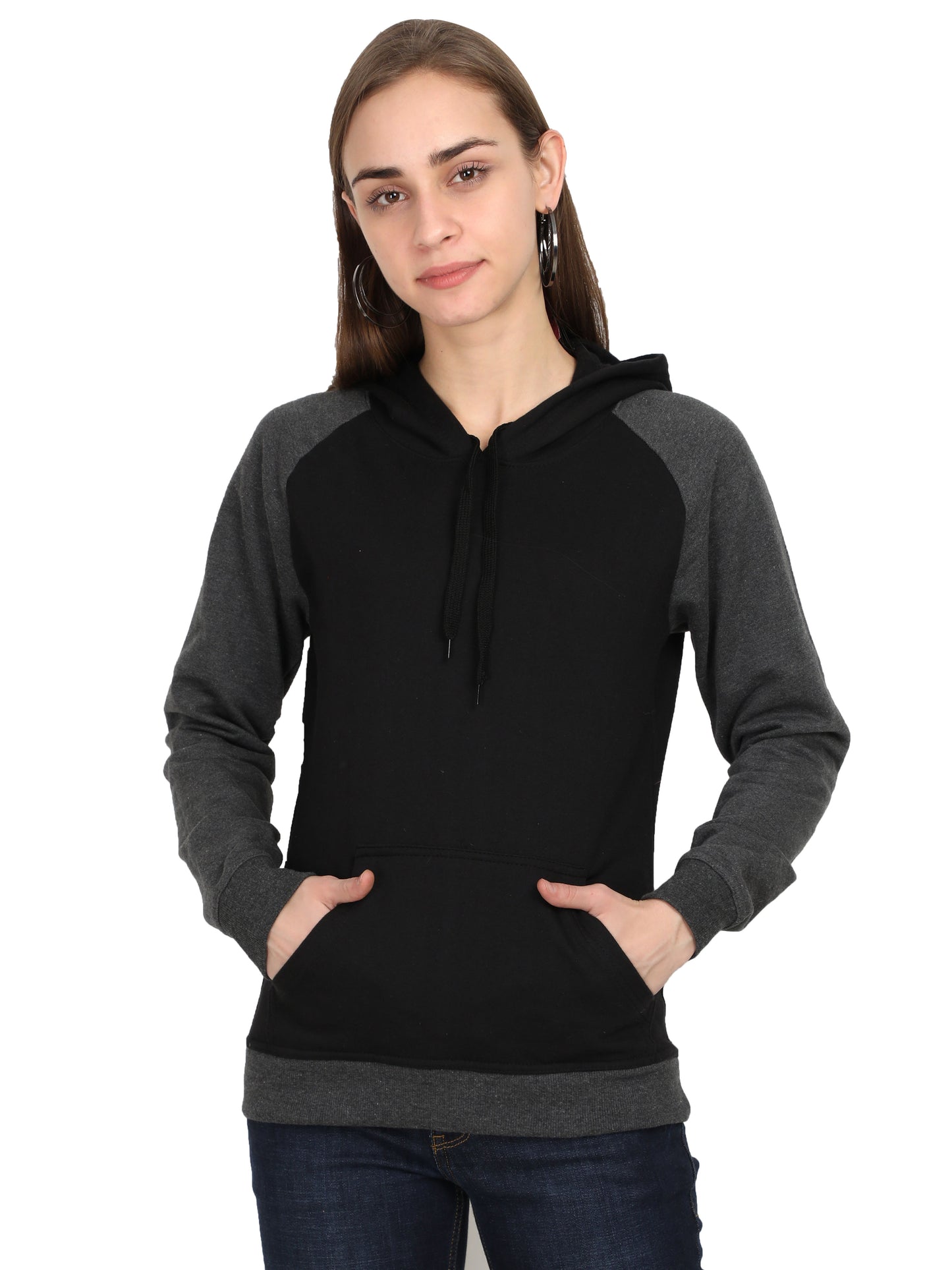 Women's Cotton Color Block Raglan Black & Charcoal Melange Color Full Sleeve Sweatshirt/Hoodies