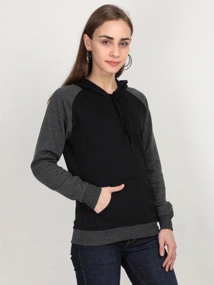 Women's Cotton Color Block Raglan Black & Charcoal Melange Color Full Sleeve Sweatshirt/Hoodies