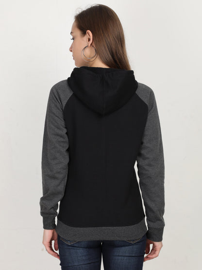 Women's Cotton Color Block Raglan Black & Charcoal Melange Color Full Sleeve Sweatshirt/Hoodies