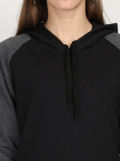 Women's Cotton Color Block Raglan Black & Charcoal Melange Color Full Sleeve Sweatshirt/Hoodies