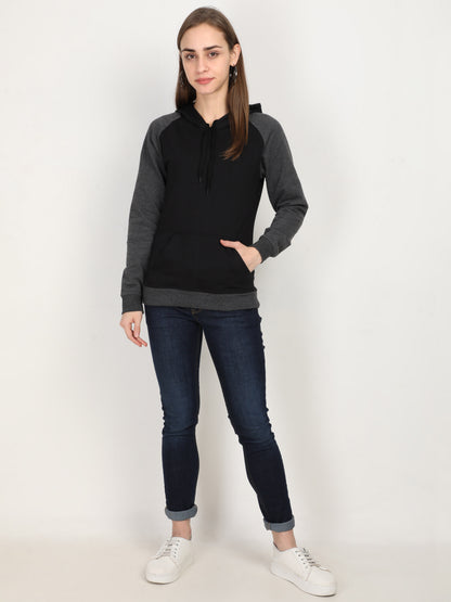 Women's Cotton Color Block Raglan Black & Charcoal Melange Color Full Sleeve Sweatshirt/Hoodies