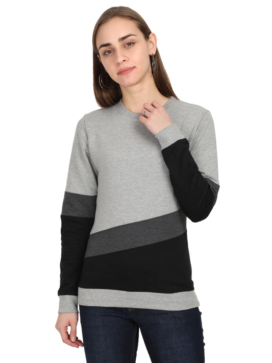 Women's Cotton Color Block Greycharcoalblack Color Full Sleeve Sweatshirt