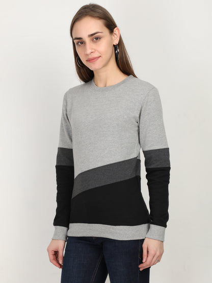 Women's Cotton Color Block Greycharcoalblack Color Full Sleeve Sweatshirt