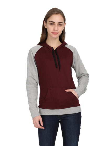 Women's Cotton Color Block Raglan Maroon & Grey Melange Color Full Sleeve Sweatshirt/Hoodies