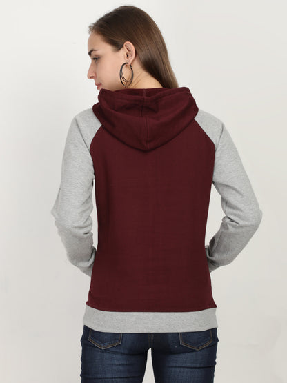 Women's Cotton Color Block Raglan Maroon & Grey Melange Color Full Sleeve Sweatshirt/Hoodies