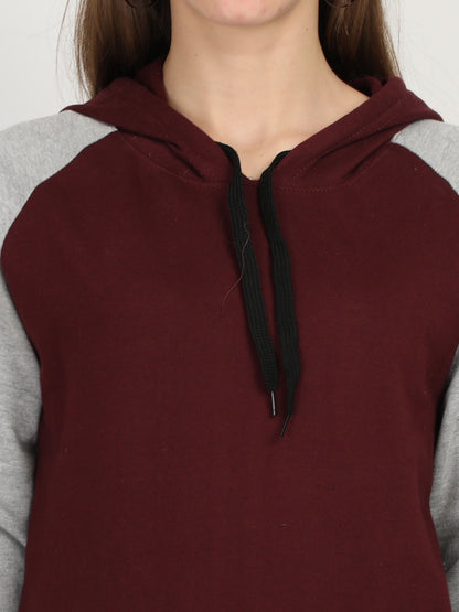 Women's Cotton Color Block Raglan Maroon & Grey Melange Color Full Sleeve Sweatshirt/Hoodies
