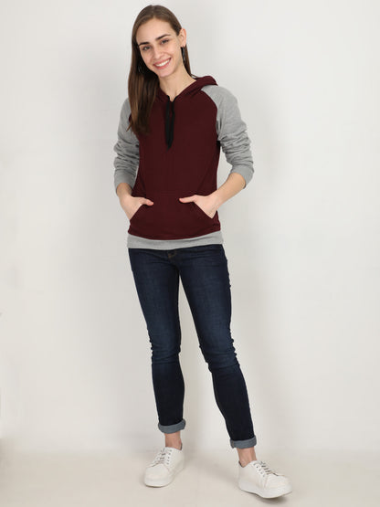 Women's Cotton Color Block Raglan Maroon & Grey Melange Color Full Sleeve Sweatshirt/Hoodies