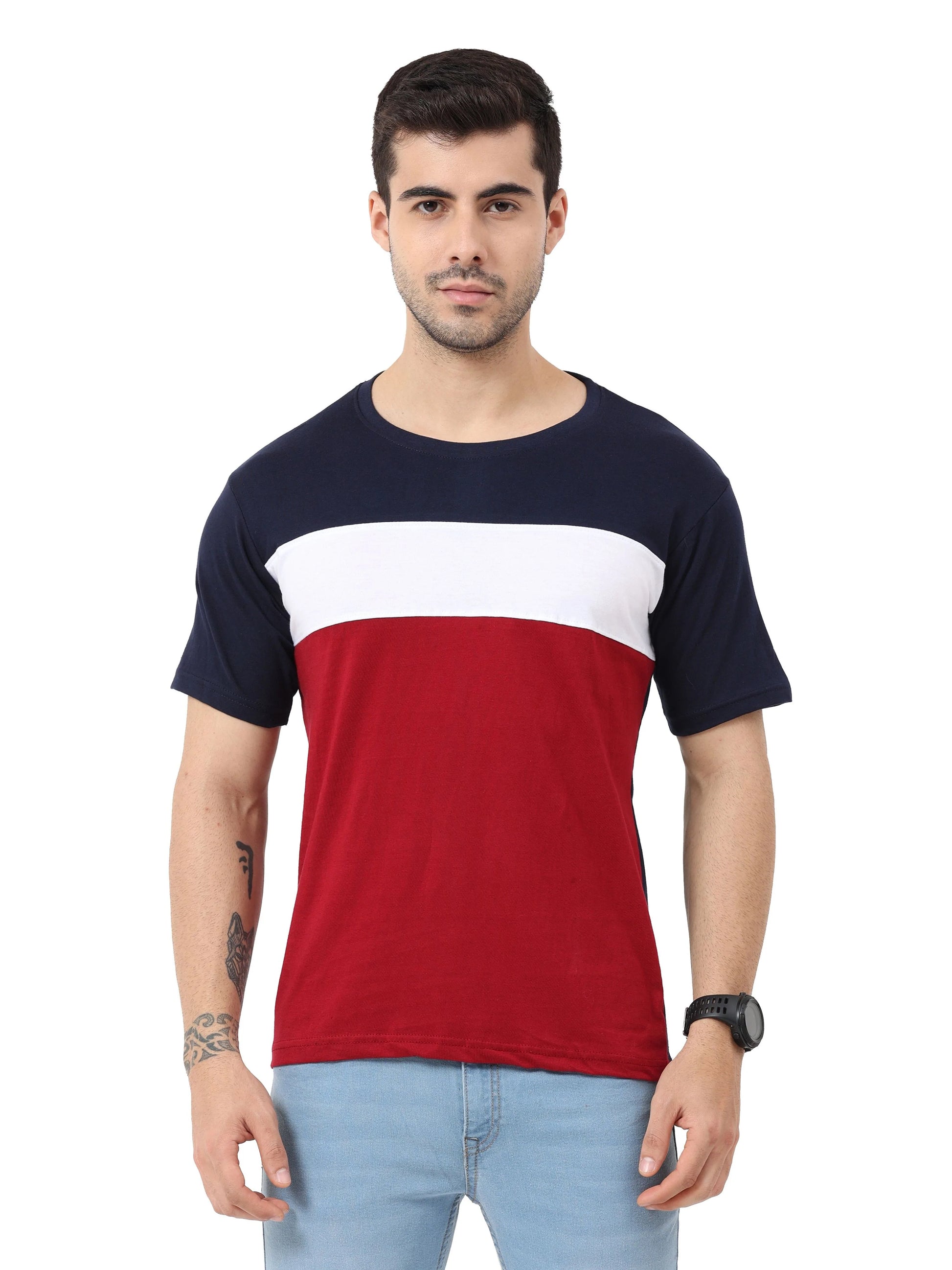 Fleximaa Men's Cotton Round Neck Color Block Half Sleeve T-Shirt - fleximaa-so