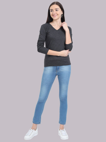 Fleximaa Women's Cotton Plain V Neck Full Sleeve T-Shirt - fleximaa-so