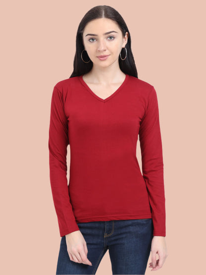 Fleximaa Women's Cotton Plain V Neck Full Sleeve T-Shirt - fleximaa-so