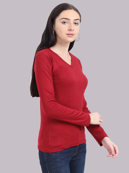 Fleximaa Women's Cotton Plain V Neck Full Sleeve T-Shirt - fleximaa-so