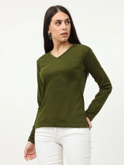 Fleximaa Women's Cotton Plain V Neck Full Sleeve T-Shirt - fleximaa-so