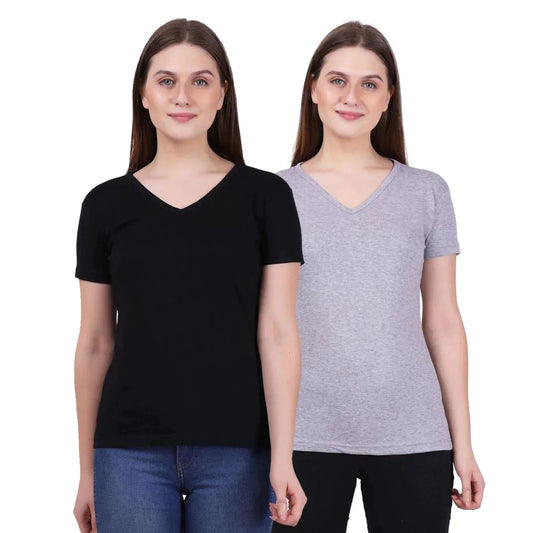 Fleximaa Women's Cotton Plain V Neck Half Sleeve T-Shirt (Pack of 2) - Fleximaa