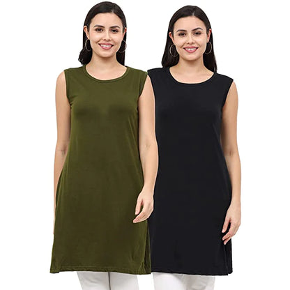 Fleximaa Womens Cotton Plain Sleeveless Long Top Multi Color (Pack of 2) - fleximaa-so