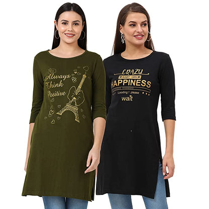 Fleximaa Womens Cotton Printed 3/4 Sleeve Long Top With Slit Pack of 2 - fleximaa-so