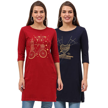 Fleximaa Womens Cotton Printed 3/4 Sleeve Long Top With Slit Pack of 2 - fleximaa-so