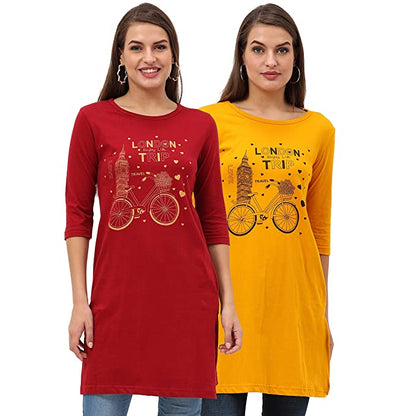 Fleximaa Womens Cotton Printed 3/4 Sleeve Long Top With Slit Pack of 2 - fleximaa-so