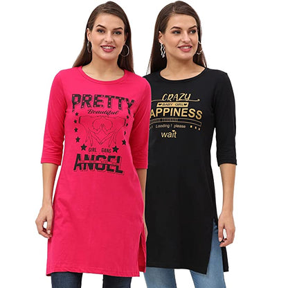 Fleximaa Womens Cotton Printed 3/4 Sleeve Long Top With Slit Pack of 2 - fleximaa-so