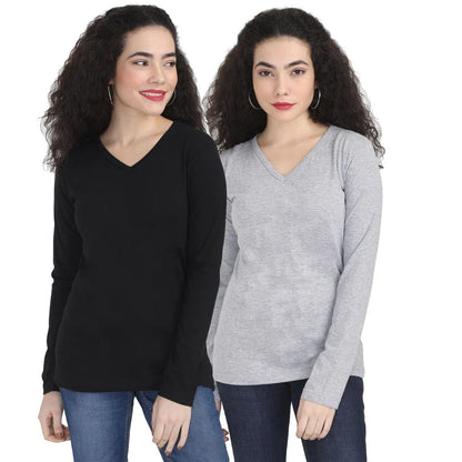 Fleximaa Women's Cotton Plain V Neck Full Sleeve T-Shirt (Pack of 2) - Fleximaa