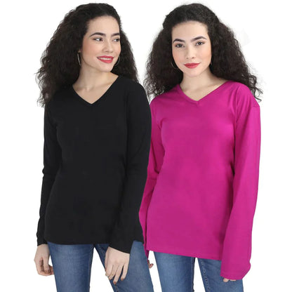 Fleximaa Women's Cotton Plain V Neck Full Sleeve T-Shirt (Pack of 2) - Fleximaa