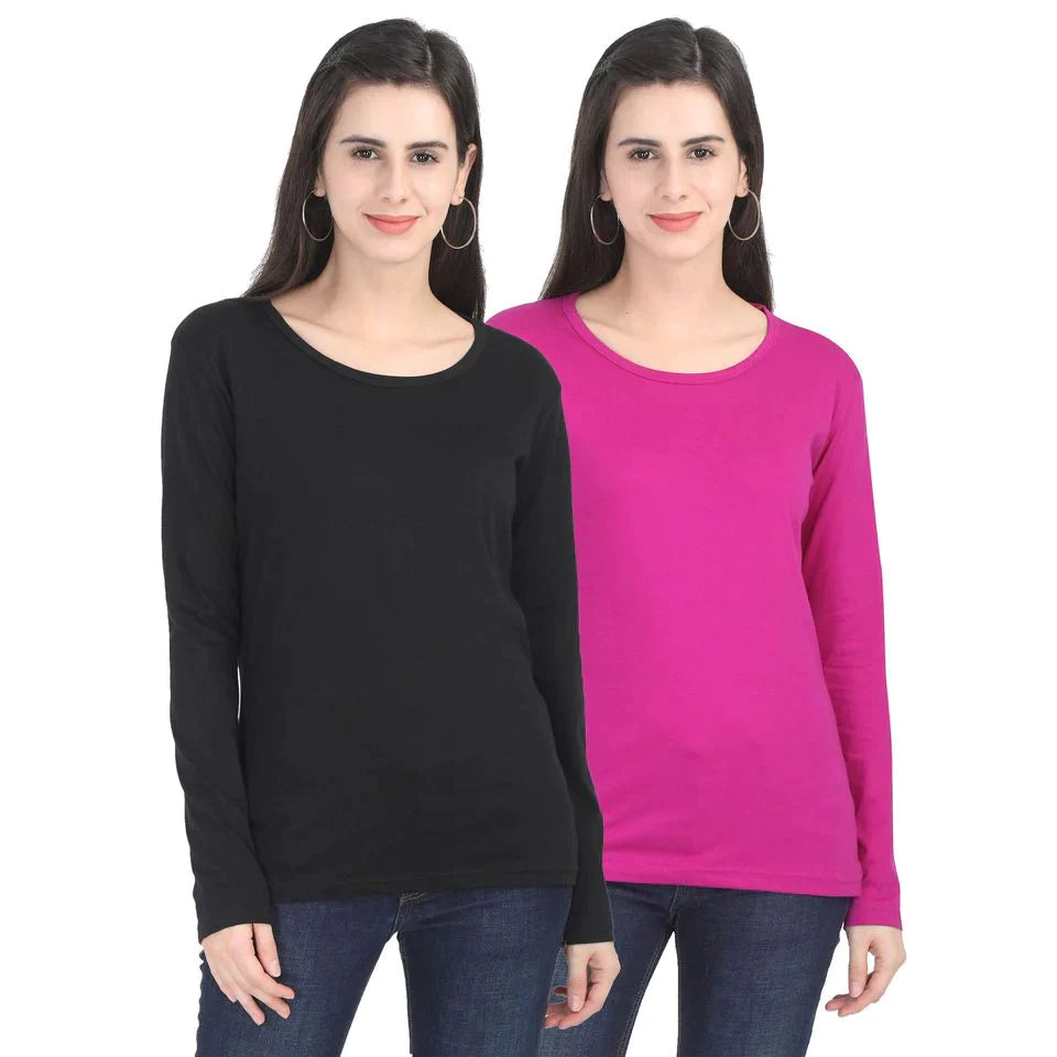 Fleximaa Women's Cotton Plain Round Neck Full Sleeve T-Shirt (Pack of 2) - Fleximaa