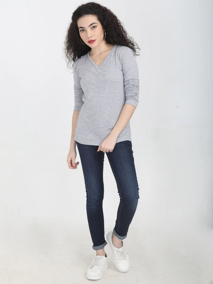 Fleximaa Women's Cotton Plain V Neck Full Sleeve T-Shirt - fleximaa-so