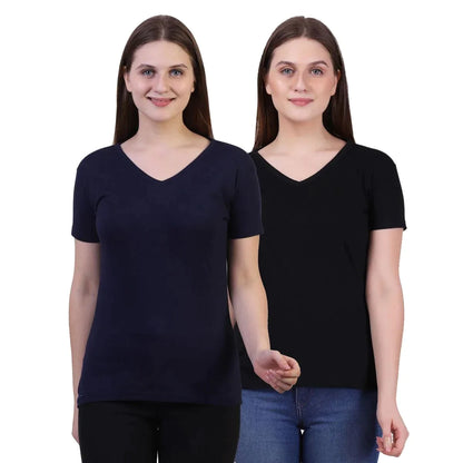 Fleximaa Women's Cotton Plain V Neck Half Sleeve T-Shirt (Pack of 2) - Fleximaa