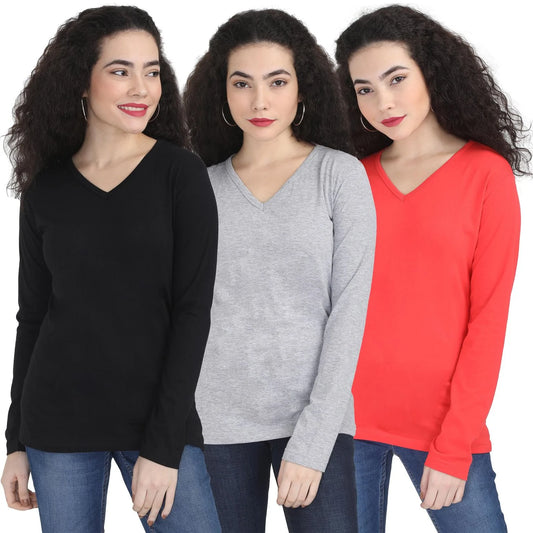 Fleximaa Women's Cotton Plain V Neck Full Sleeve T-Shirt (Pack of 3) - Fleximaa