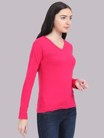 Fleximaa Women's Cotton Plain V Neck Full Sleeve T-Shirt-2 - fleximaa-so