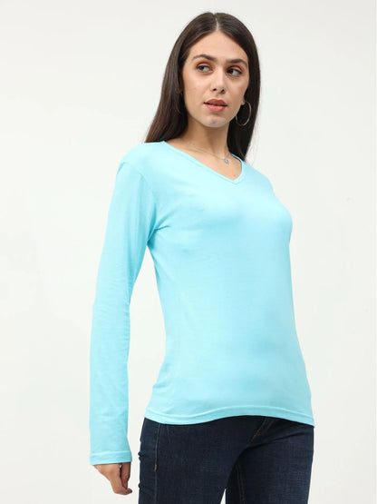 Fleximaa Women's Cotton Plain V Neck Full Sleeve T-Shirt-2 - fleximaa-so